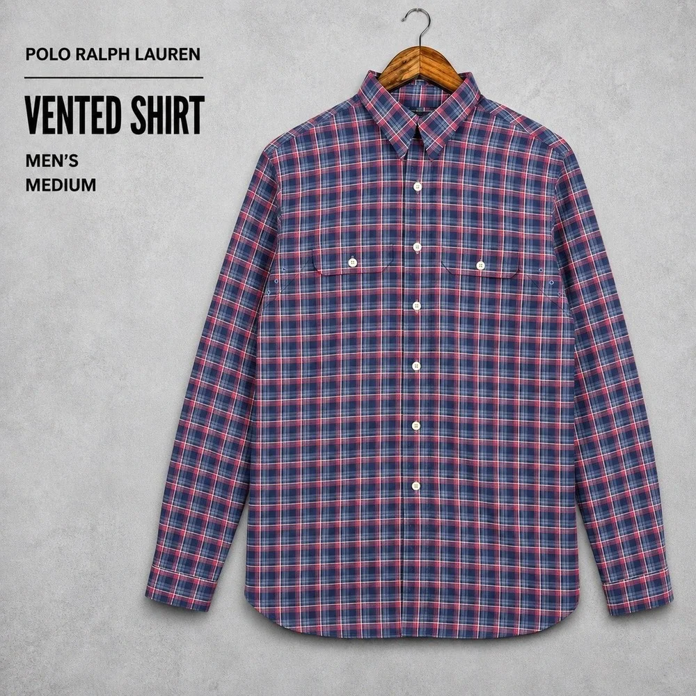 Polo Ralph Lauren Men Medium Vented Plaid Shirt Red Blue Button Down Utility